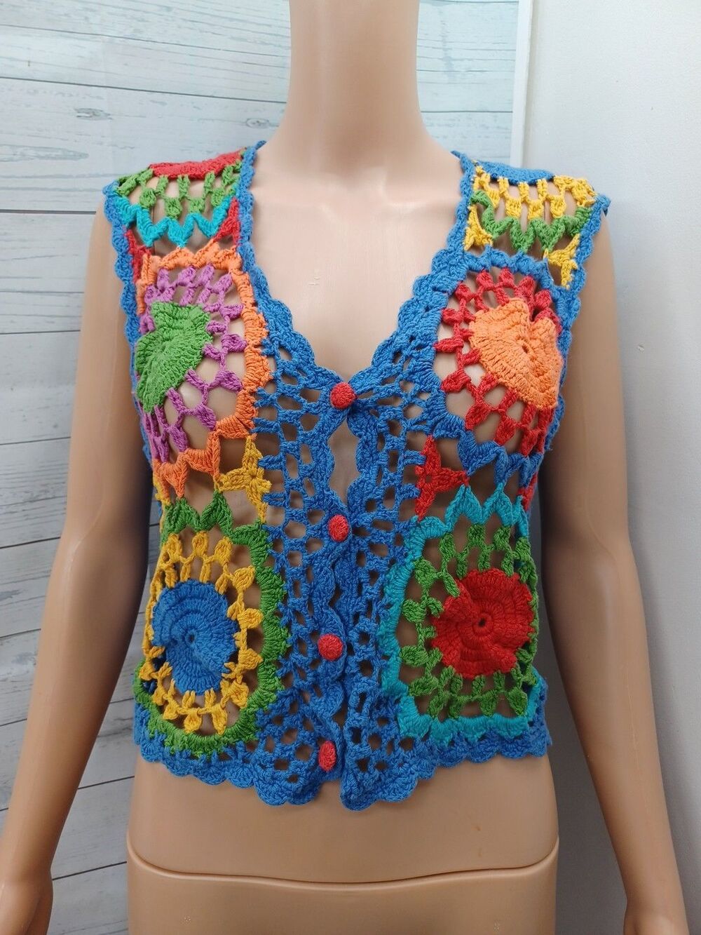 Vtg Street Wear Crochet Vest Granny Square Boho Festival Sz M